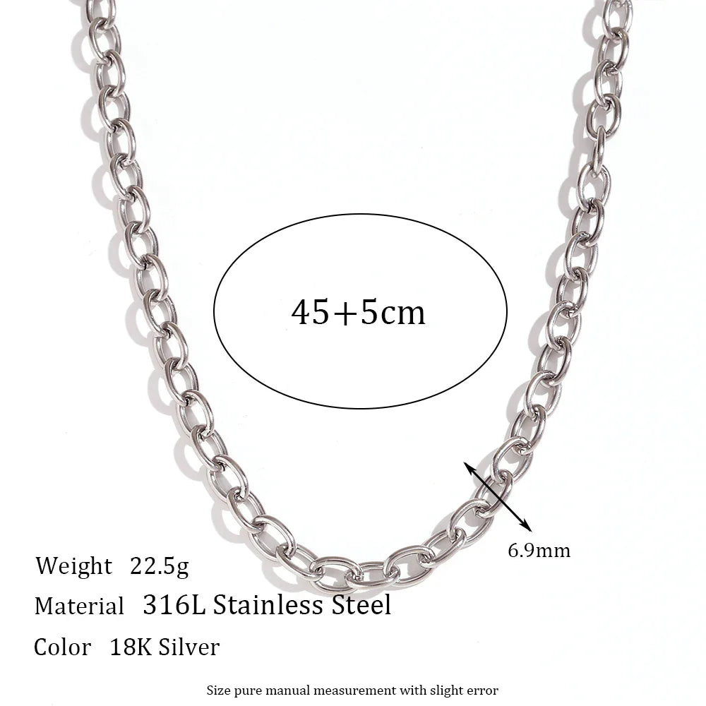 18K Gold Plated Stainless Steel Oval Link Chain Jewelry Set – 7mm Chunky Silver Color Choker Necklace, Bracelet & Anklet Accessories