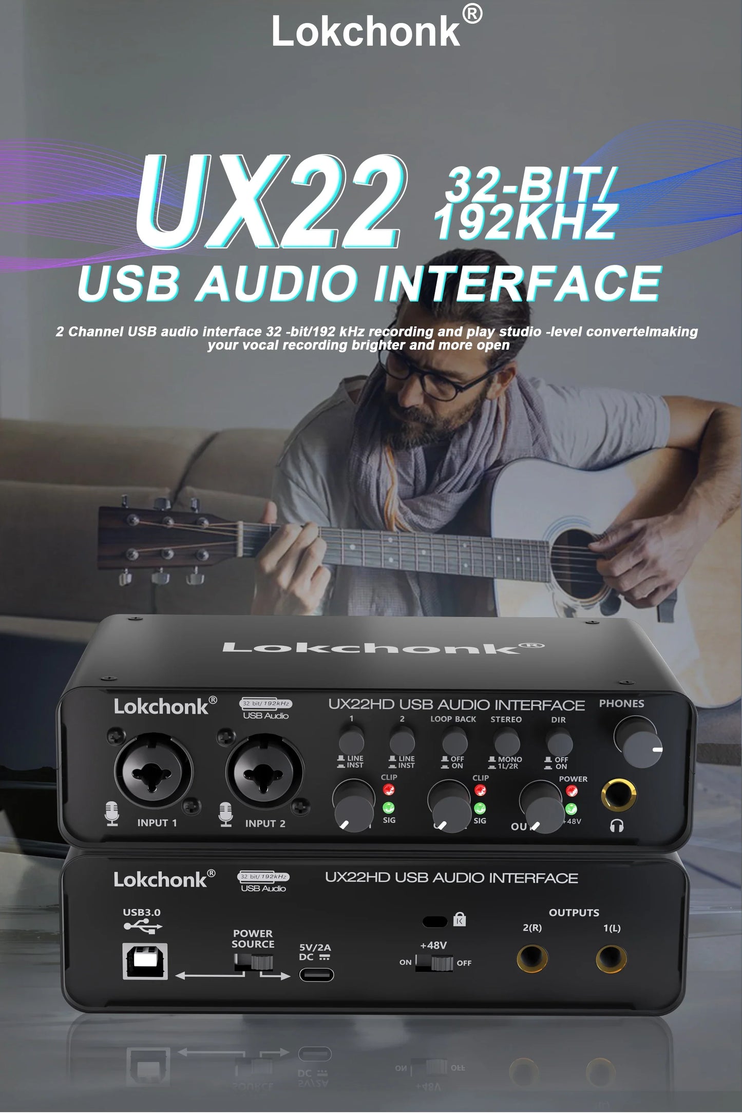 UX22 Audio Interface Sound Card – 32-bit/192KHz AD Converter for Electric Guitar, Live Recording, Studio Singing & Podcast