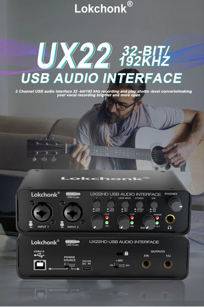 UX22 Audio Interface Sound Card – 32-bit/192KHz AD Converter for Electric Guitar, Live Recording, Studio Singing & Podcast