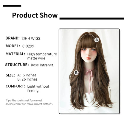 7JHH Brown Ash Long Deep Wave Lolita Wig for Women — Synthetic Hair with Bangs, Thick Curly Fashion Wig