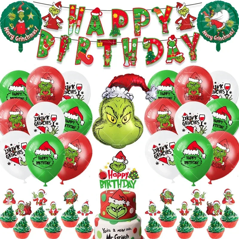 Grincs Christmas Party Balloon Decoration Set – Merry Xmas Banner Cake & Disposable Tableware Supplies Green Red