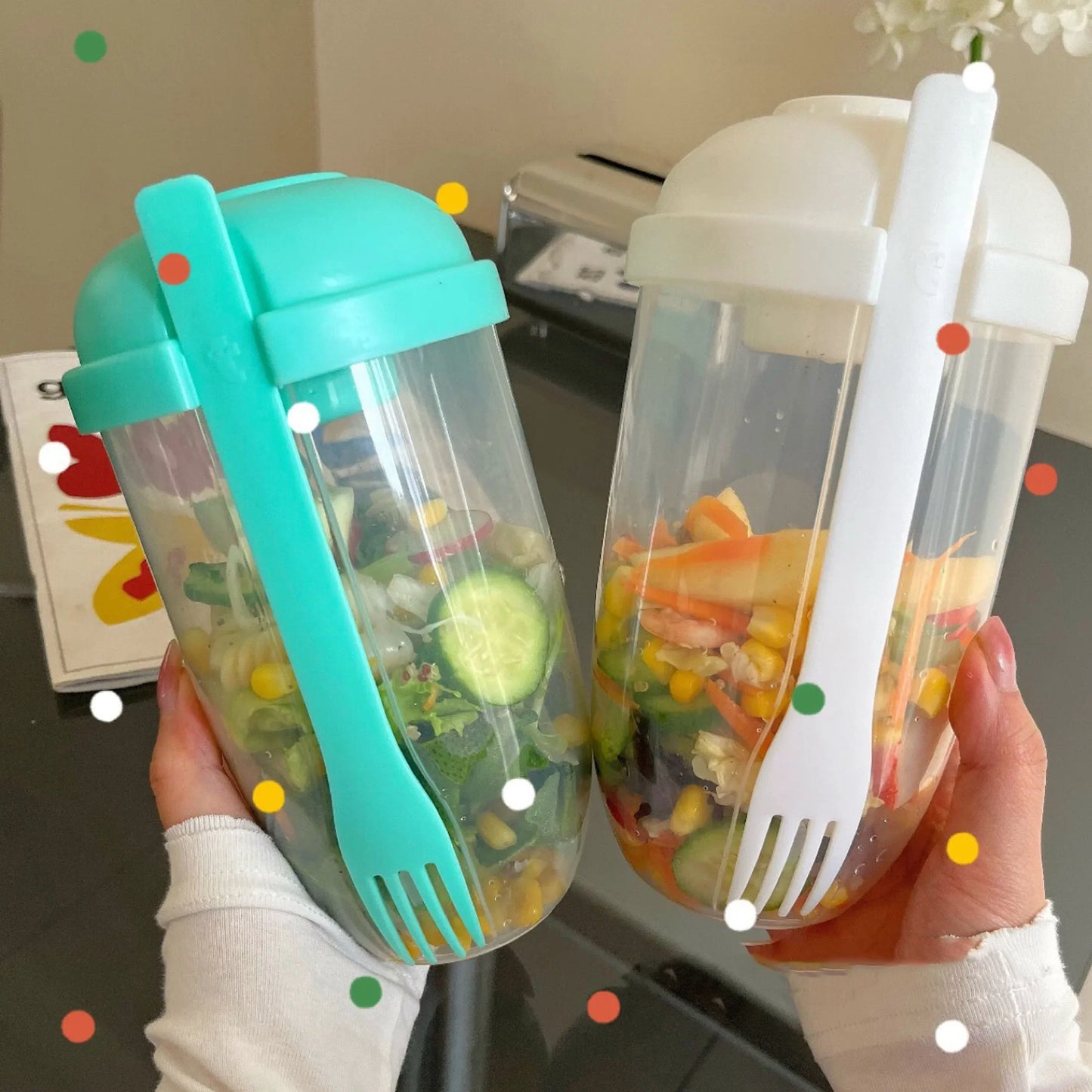 1PC Salad Cups - Plastic Healthy Salad Containers with Forks and Dressing Holder - Kitchen Supplies
