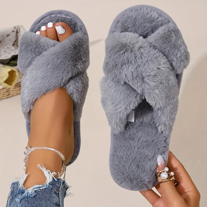 Women’s Furry Cross Slippers - Fluffy EVA Slides for Autumn and Winter