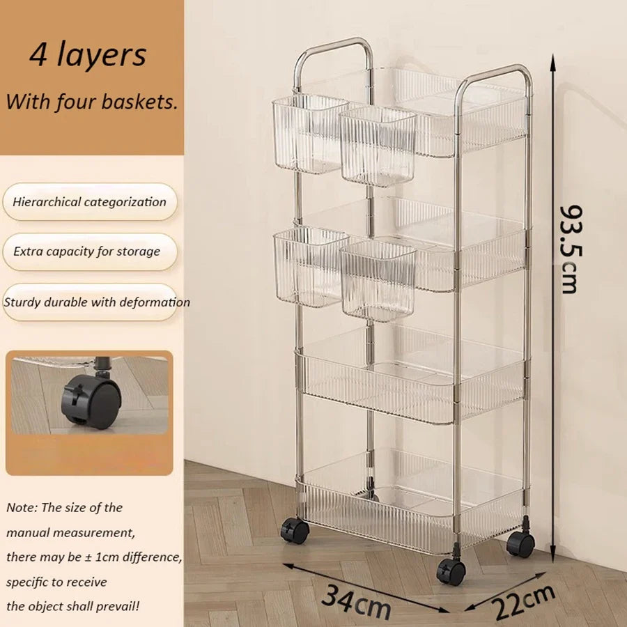 Transparent Acrylic Rolling Storage Cart - 2/3/4-Tier Trolley with Removable Hanging Baskets