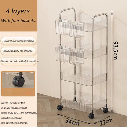 Transparent Acrylic Rolling Storage Cart - 2/3/4-Tier Trolley with Removable Hanging Baskets