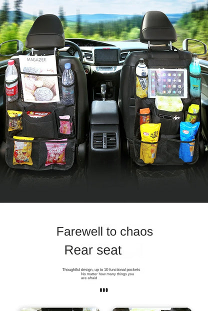 Car Backseat Organizer with Touch Screen Tablet Holder - Auto Storage Pockets & Seat Protectors
