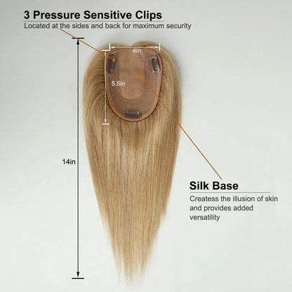 Brown Blonde Ombre Human Hair Toppers for Women – 10/12/14 Inches with Silk Base, Clips, and Bangs