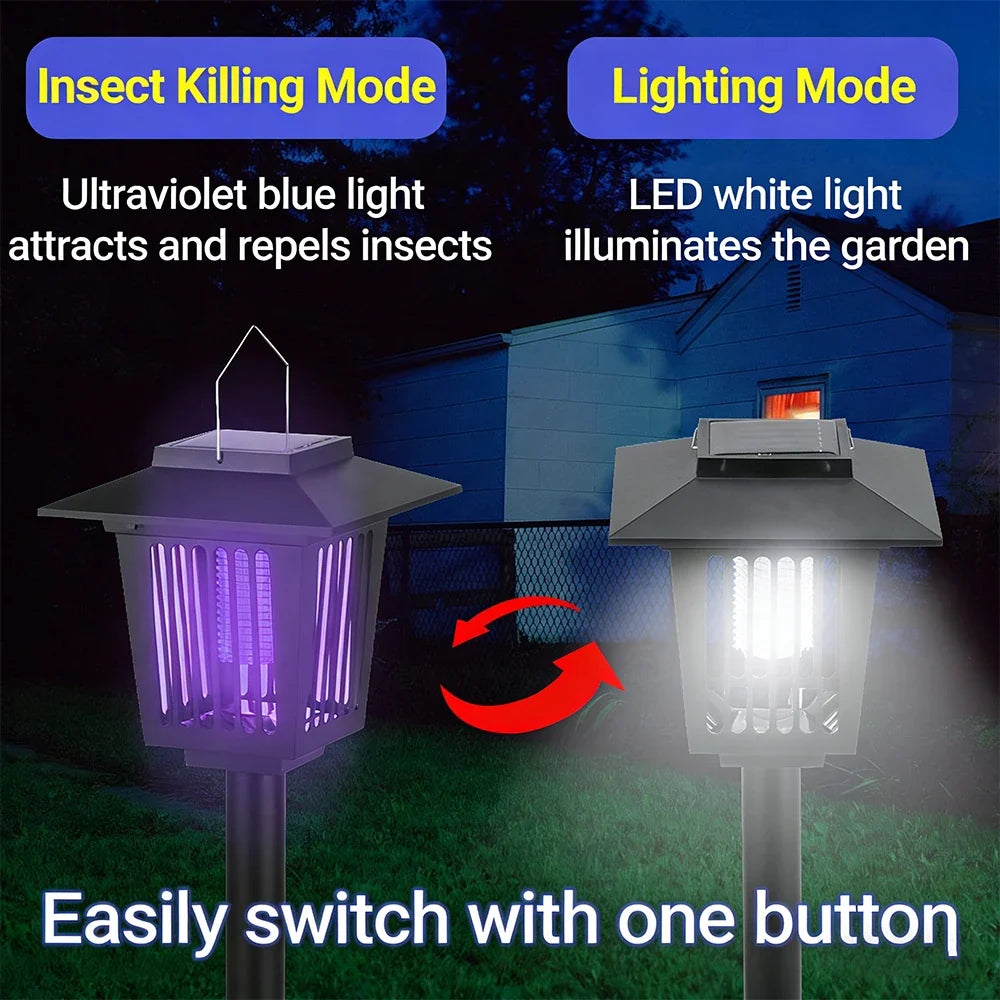 Solar Bug Zapper Lamp - Waterproof Cordless Mosquito Killer with UV & White Light for Indoor Outdoor Use
