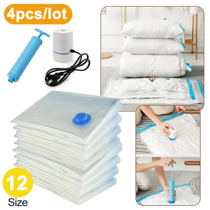 4pcs Reusable Transparent Vacuum Bags — Folding Compressed Space-Saving Storage for Clothes & Travel
