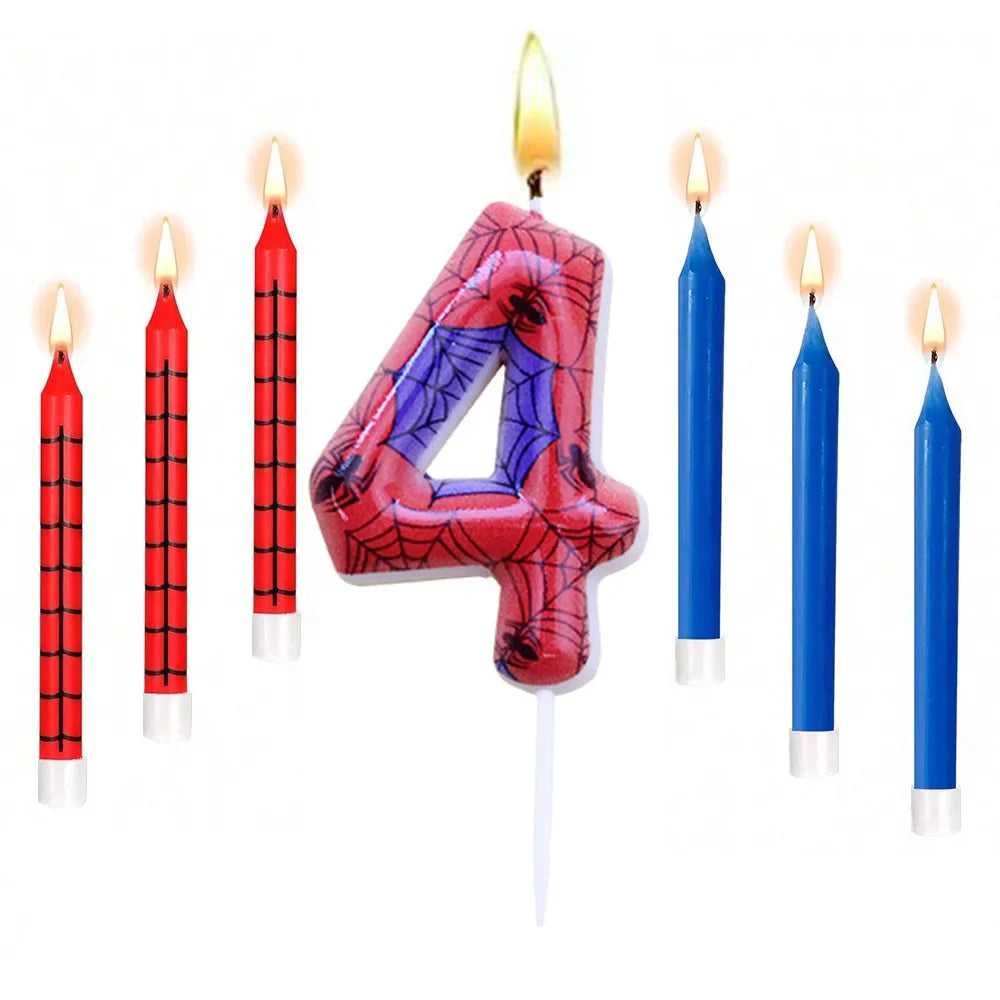 7Pcs Spider-Themed Number 4 Birthday Candles – Red & Blue Cartoon Cake Topper Decorations for Kids Party Supplies