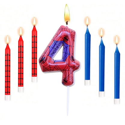 7Pcs Spider-Themed Number 4 Birthday Candles – Red & Blue Cartoon Cake Topper Decorations for Kids Party Supplies