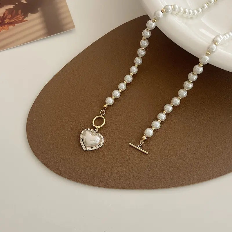 Elegant Pearl Necklace for Women – Heart Pendant Luxury Imitation Pearls Chain, Korean Jewelry Gift for Girls