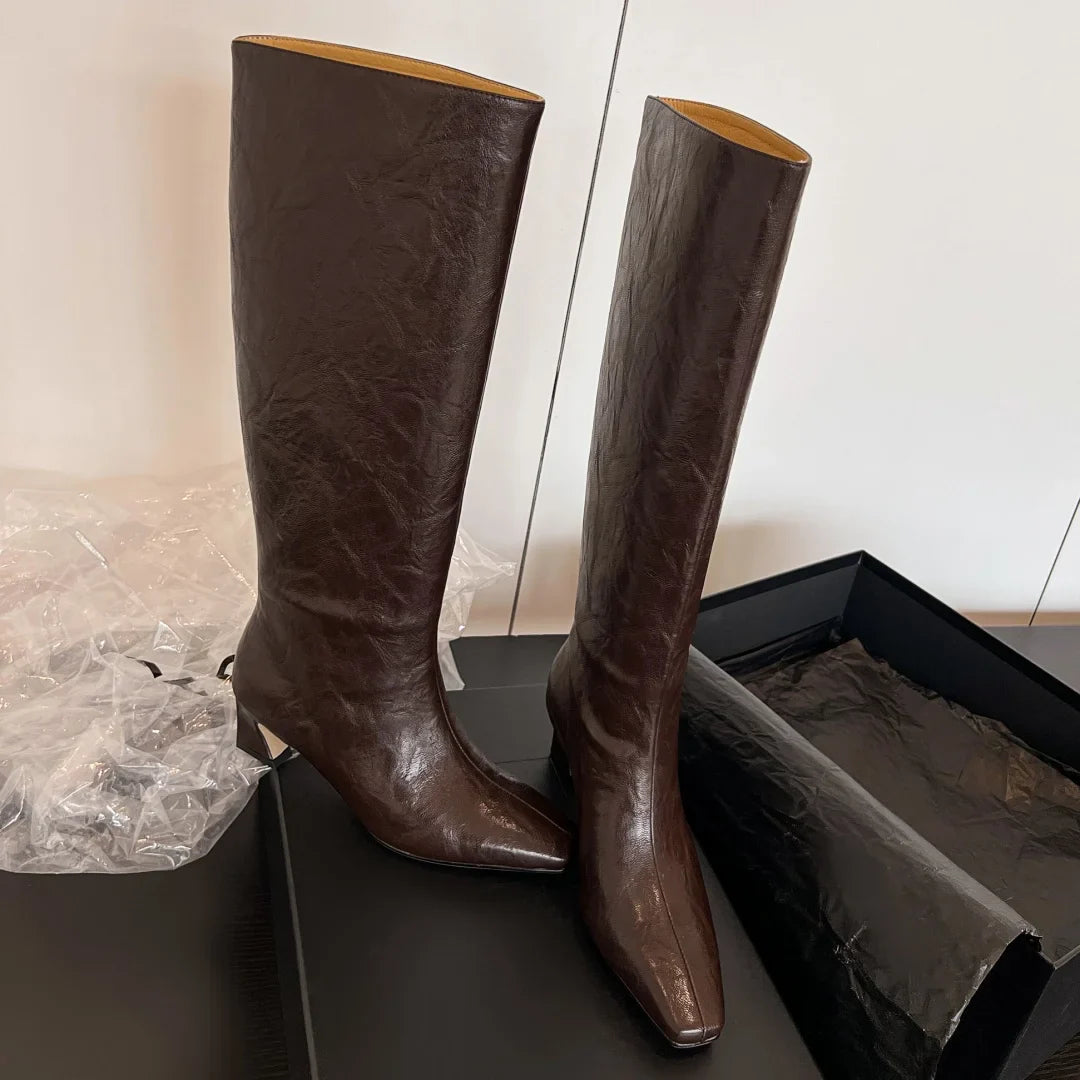 Women’s Genuine Leather Knee-High Boots – 5.5cm Thin Heel, Square Toe Slip-On Autumn Long Boots