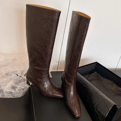 Women’s Genuine Leather Knee-High Boots – 5.5cm Thin Heel, Square Toe Slip-On Autumn Long Boots
