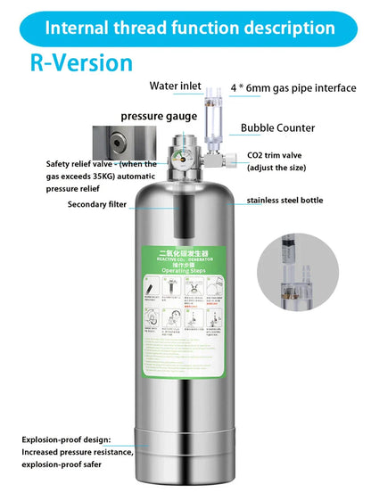 Aquarium DIY CO2 Generator Kit – Stainless Steel CO2 Cylinder & Carbon Dioxide Reactor System for Plants & Fish Tanks