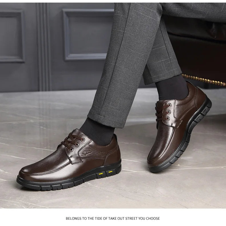 Men's Genuine Leather Casual Shoes - Soft Sole Lace-Up Loafers, Luxury Brand for Middle-Aged & Older Adults, Lightweight Dad Shoes