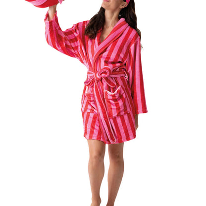 Women’s Winter Plush Robe – Long Sleeve Lapel Tie-Up with Stripe, Heart & Candy Prints Loungewear