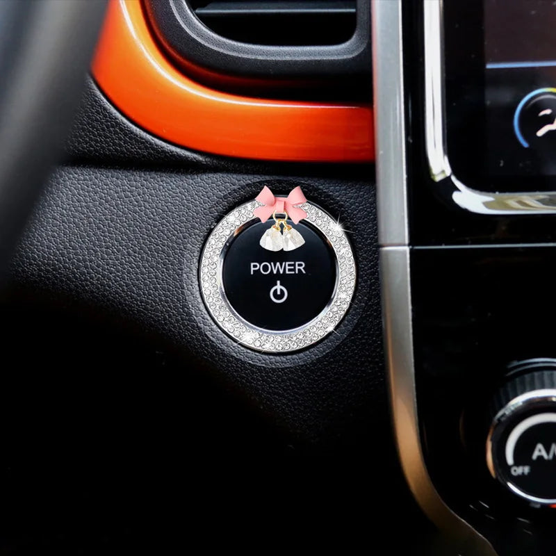 Rhinestone Bow Car Start Button Trim - Sparkling Diamond Decorative Ring Protective Cover for Auto Accessories