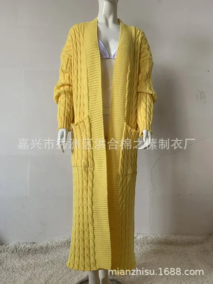 Open Front Cable Knit Longline Cardigan for Women – Long Sleeve, Loose Fit, Casual Fashion Knitwear, Solid Color
