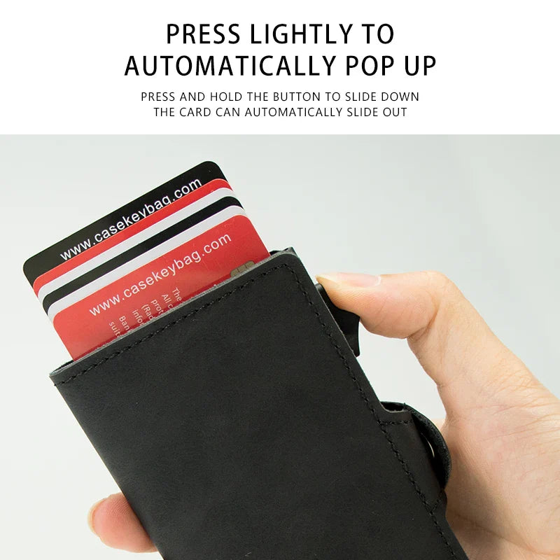 CASEKEY PU Leather Men’s Pop-Up Card Holder Wallet – Slim Minimalist Anti-RFID Smart Wallet with Money Clip & ID Window