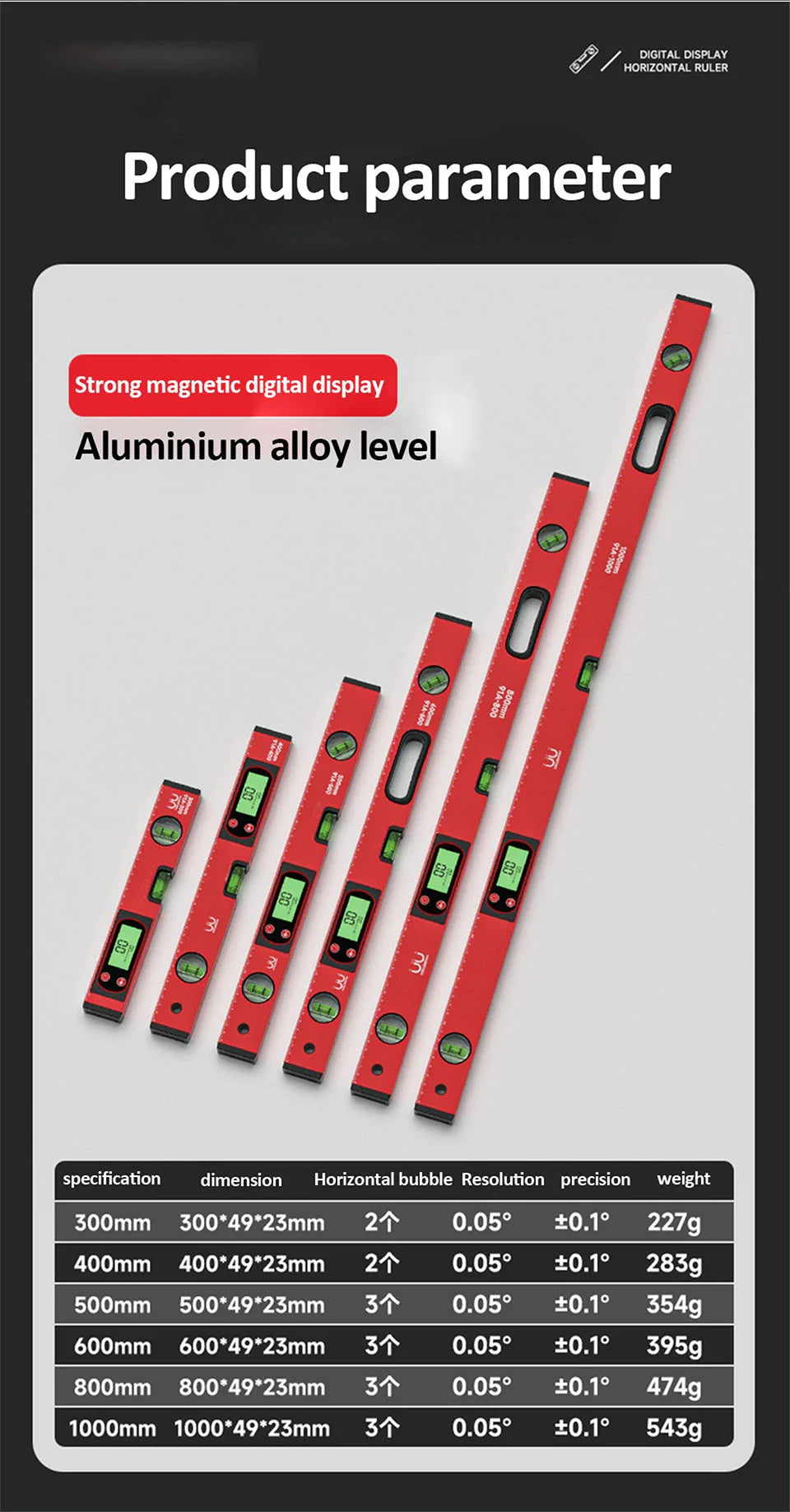 30/40/50cm Digital Display Magnetic Angle Level — Aluminum Alloy Protractor Inclinometer Ruler 90° Measurement Tool