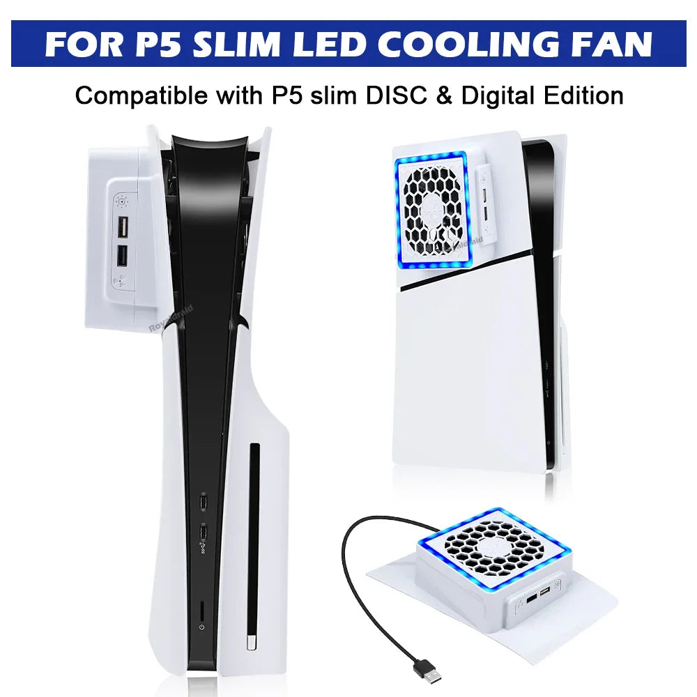 NEW Side-Mounted Cooling Fan for PS5 Slim – LED Light & 2 USB Ports Game Console Cooler Accessory