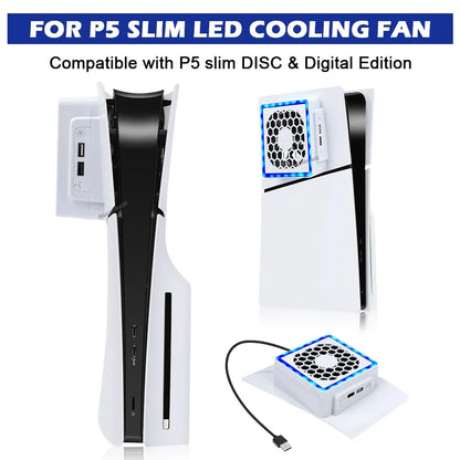 NEW Side-Mounted Cooling Fan for PS5 Slim – LED Light & 2 USB Ports Game Console Cooler Accessory