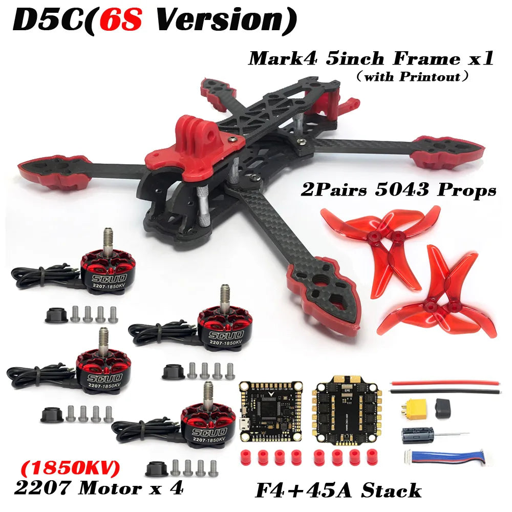 Mark4 5-Inch D5/D5C FPV Carbon Fiber Frame – 5mm Arm, 5043 Propeller, F4V3S FC, 45A ESC Stack & ELRS 915MHz Drone Kit