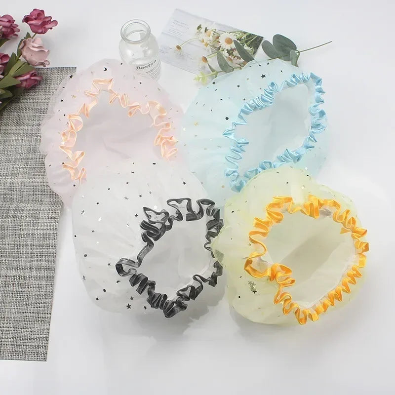 Waterproof Double-Layer Shower Cap – Starry Sky Design, Fashionable Reusable Bathing Hat, Oil-Proof Kitchen Hat