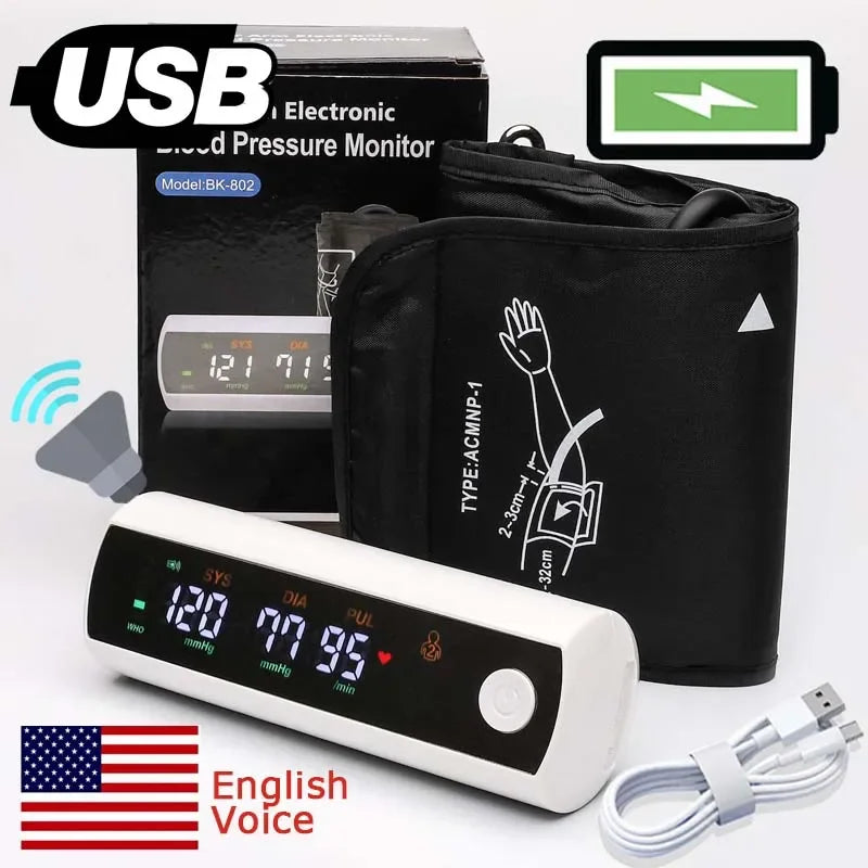 Rechargeable Li-Ion Battery Blood Pressure Monitor – LCD Large Screen Sphygmomanometer with Russian Voice Tonometer