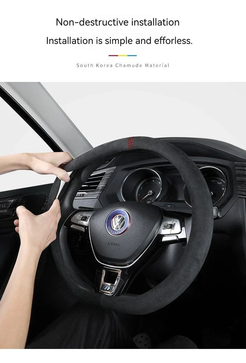 All-Season Suede Steering Wheel Cover — Ultra-Thin, Non-Slip, Breathable for Round & D-Shaped Wheels