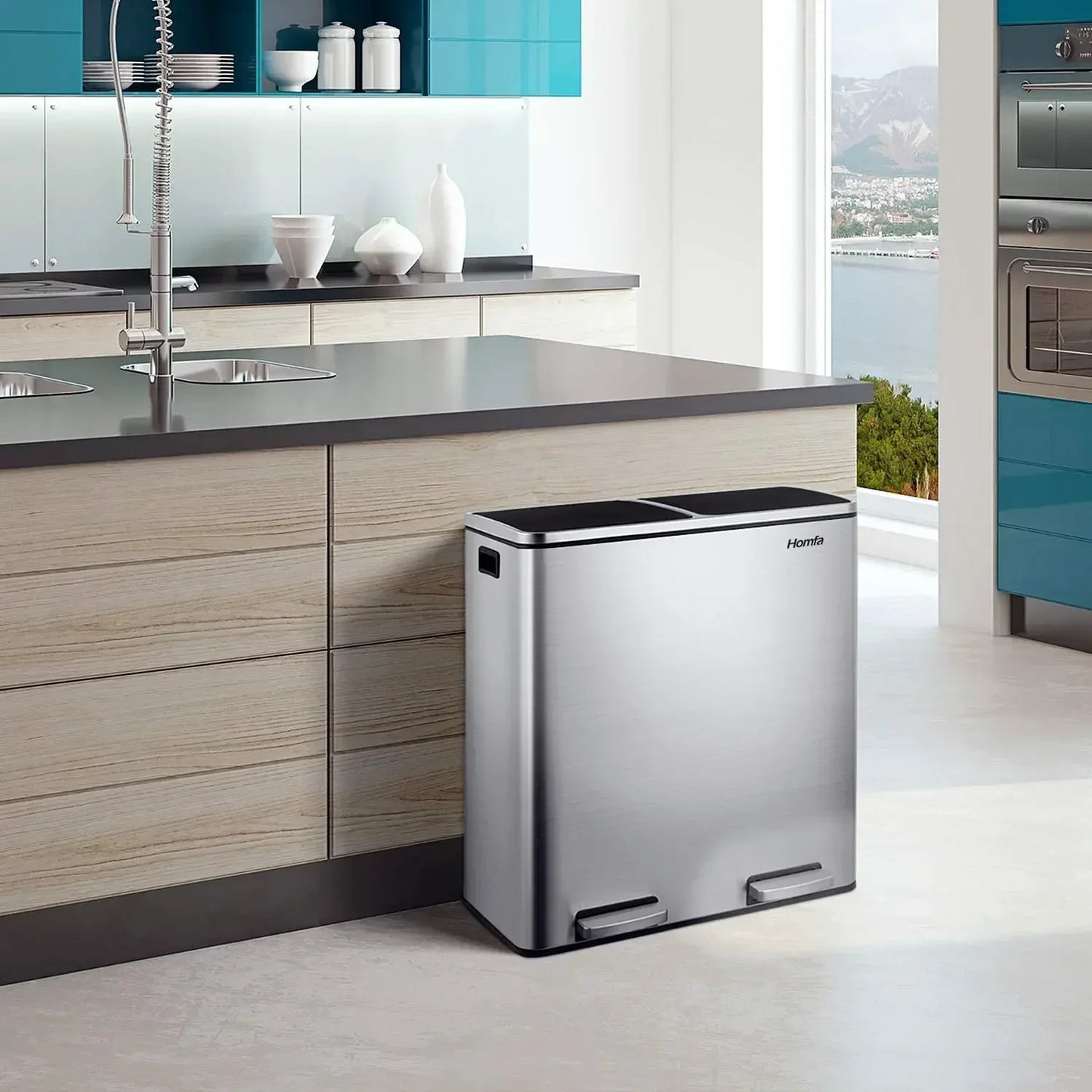 60L Dual Compartment Kitchen Step Trash Can – Hands-Free, Soft-Close Lid, Brushed Stainless Steel