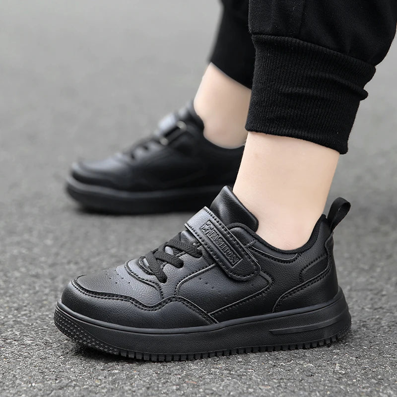 Children’s Black Leather Sneakers – Non-Slip Casual Flat Walking Shoes for Boys & Girls, Lightweight Student Sports Footwear
