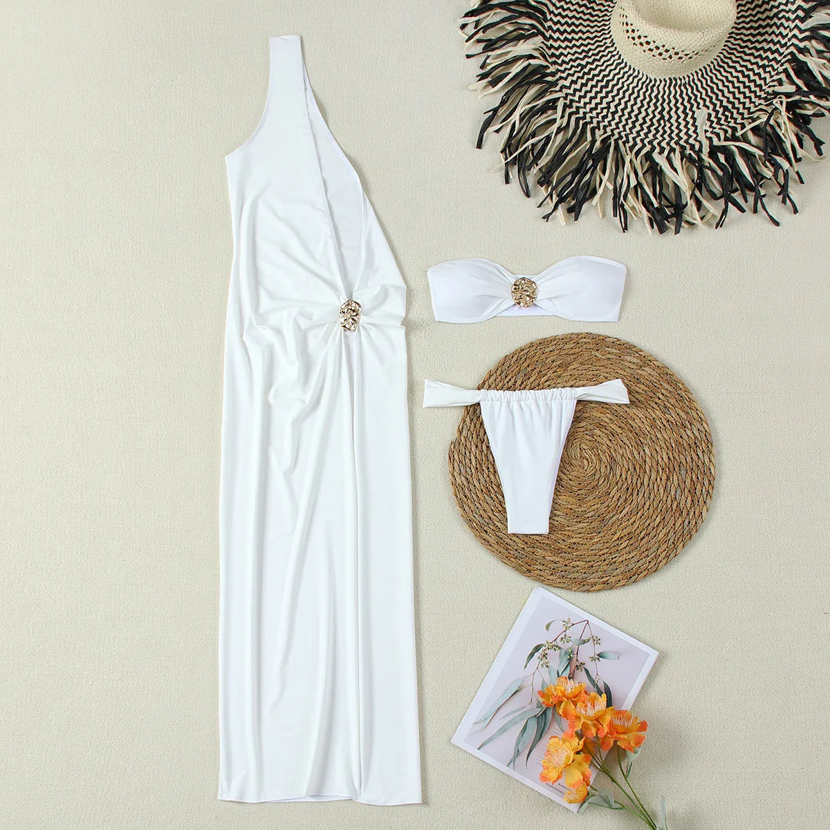 3-Piece Sexy Women’s Swimwear Set – Solid Bandeau Bikini with Beach Cover-Up Long Maxi Dress