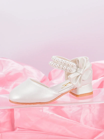 Girls’ Princess High-Heel Shoes - White Pearl Dress Shoes for Big Kids, Spring/Summer Style