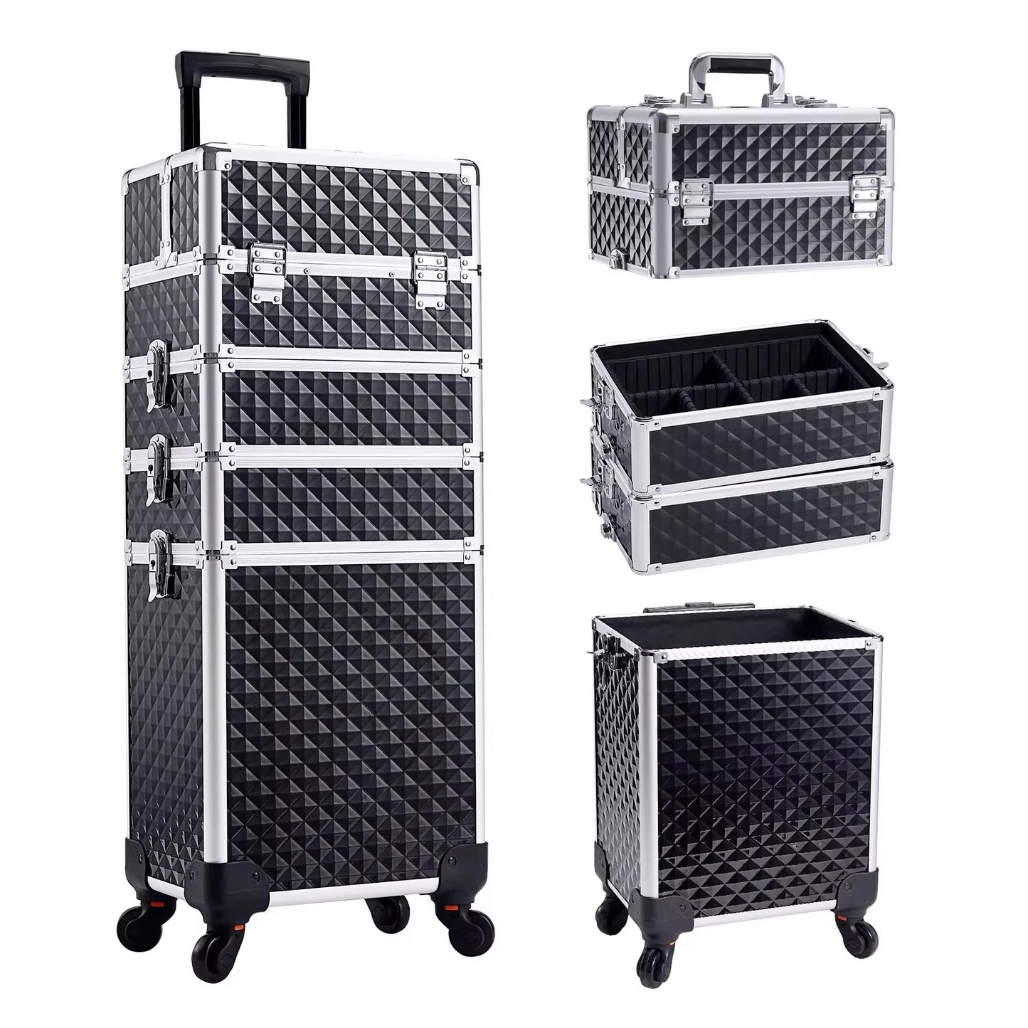 Makeup Trolley Case 4-in-1 — Detachable Alloy Train Briefcase with Wheels, Lockable Large Capacity Storage for Nail Manicure Salon