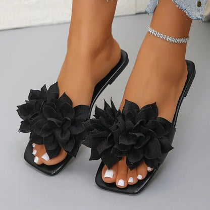Women's Floral Flat Slippers - Solid Color Open-Toe Summer Beach Slides