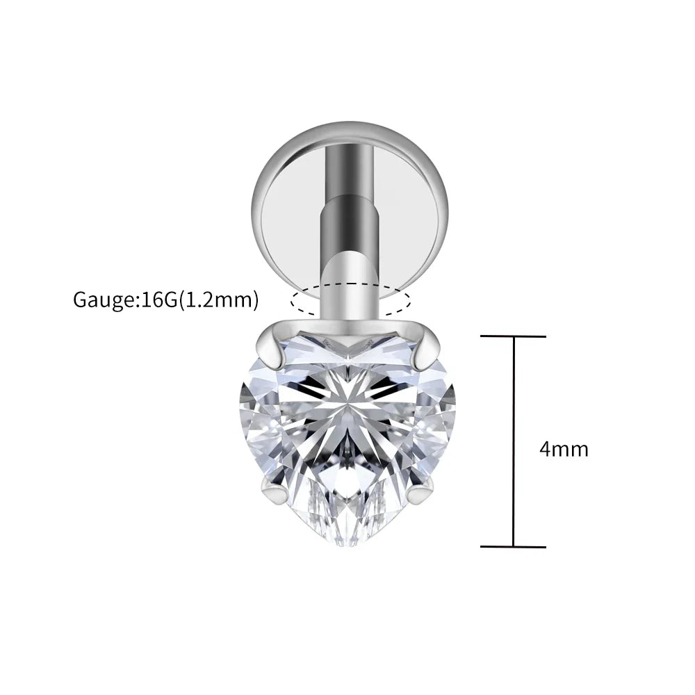 Right Grand ASTM F136 Titanium 16G Heart CZ Threaded Labret Stud – 3mm/4mm/5mm CZ Cartilage, Tragus, Helix & Nose Piercing Jewelry