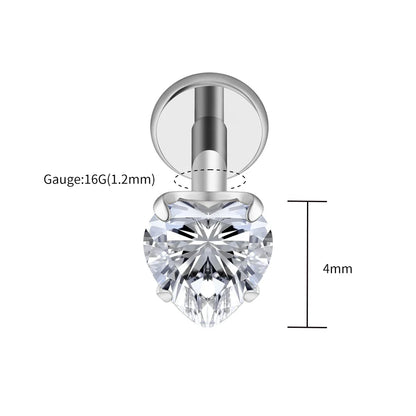 Right Grand ASTM F136 Titanium 16G Heart CZ Threaded Labret Stud – 3mm/4mm/5mm CZ Cartilage, Tragus, Helix & Nose Piercing Jewelry