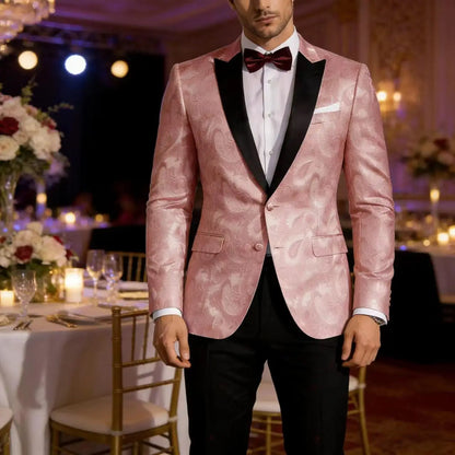 Men’s Pink Paisley Tuxedo Blazer - Black Satin Lapel 2 Button Formal Suit Jacket for Wedding, Prom & Party Wear