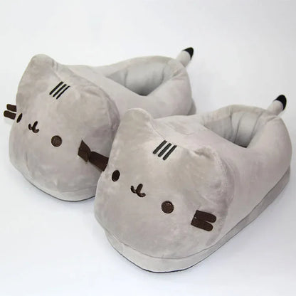 Cartoon Cat Plush Slippers – Warm Winter Indoor Slides, Soft Anime Bedroom Shoes for Men & Women