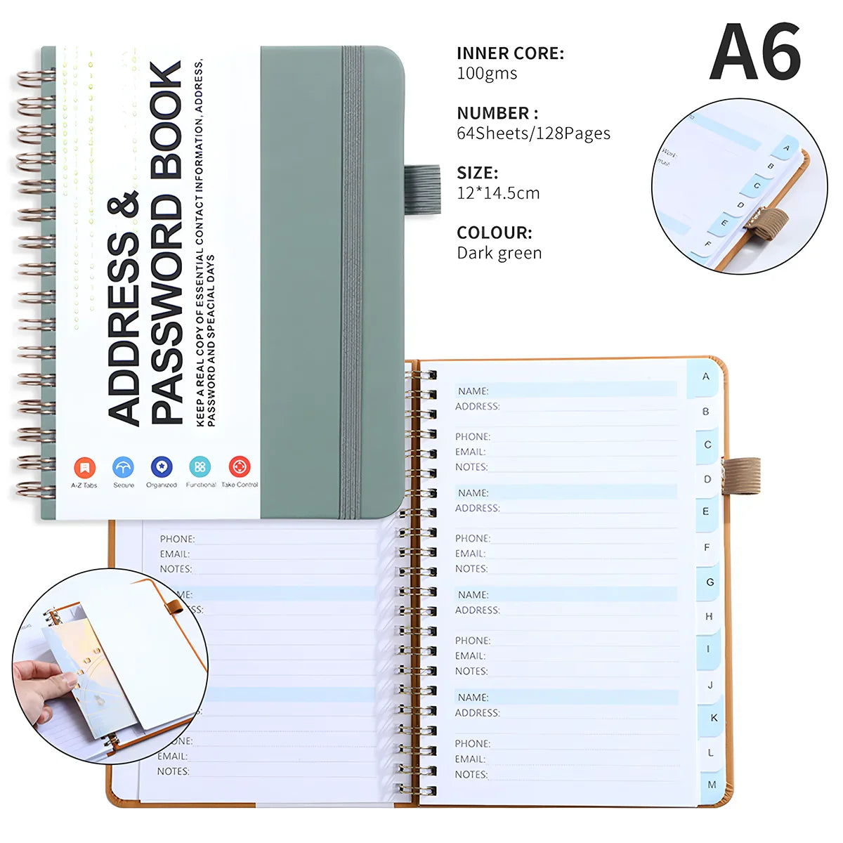 A6 Password Book with PP Coil – English Address & Password Organizer, Thick Horizontal Notebook for Office Use