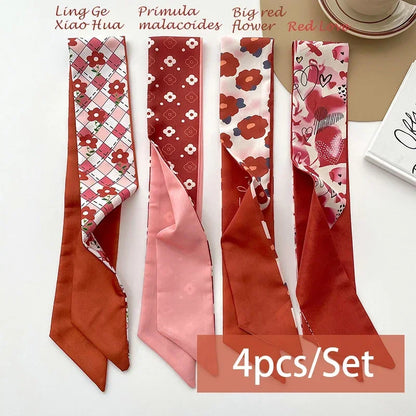 4pcs Silk Satin Scarves for Women – Hair Bands, Neck Ties & Bag Accessories