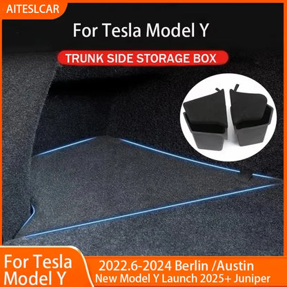 Tesla Model Y Berlin/Austin 2022-2025 Trunk Side Storage Bins – TPE Cargo Organizer with Carpet Lids