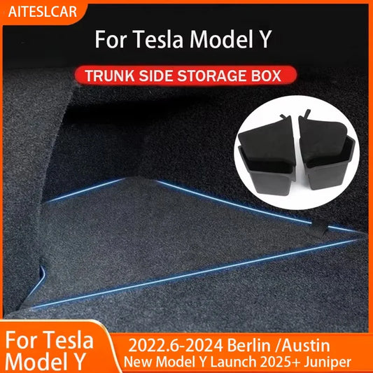 Tesla Model Y Berlin/Austin 2022-2025 Trunk Side Storage Bins – TPE Cargo Organizer with Carpet Lids