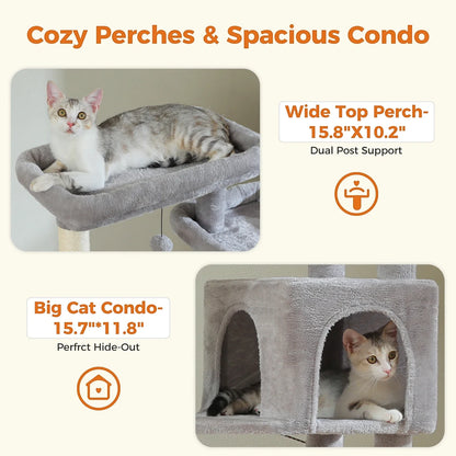 Large Cat Tree Tower – Multi-Level Plush Indoor Cat Condo with Scratching Posts, Boards, Perches & Caves
