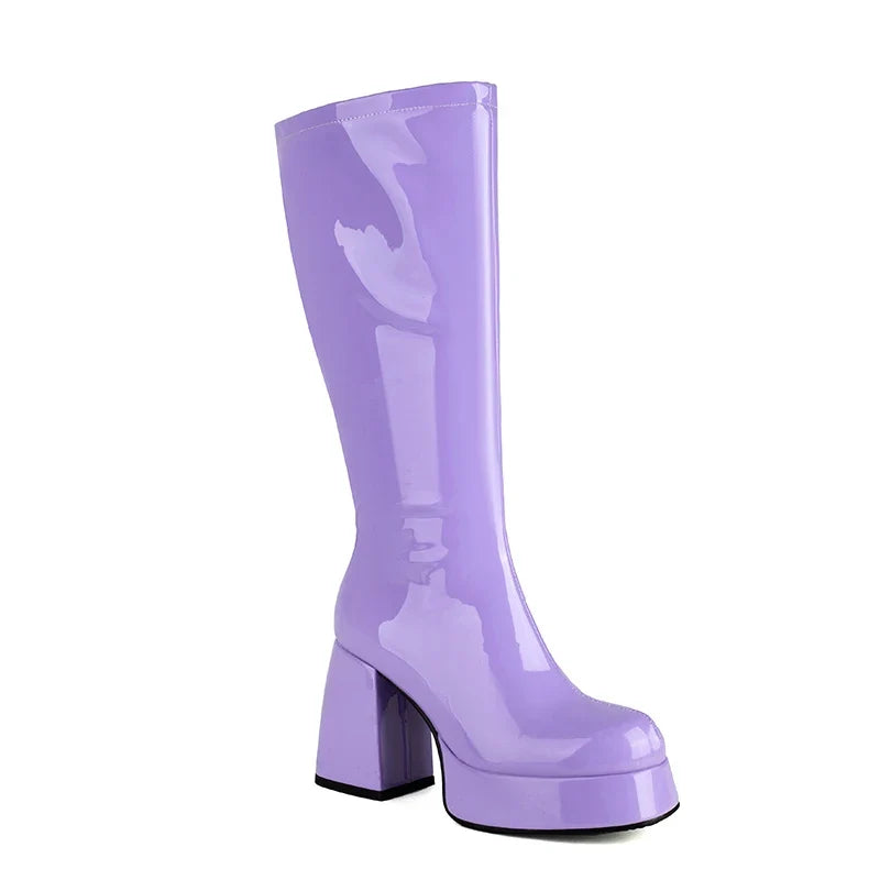 Women’s Plus Size Patent Leather Knee Boots - Square Toe Platform Thick Heel Plush Lined Side Zipper Boots