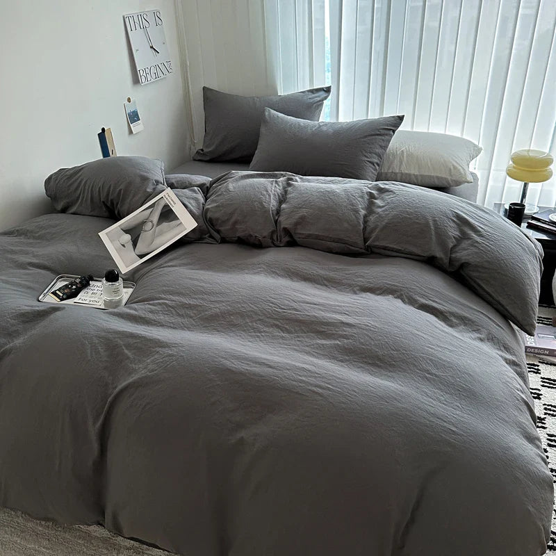 Solid Cotton Bedding Set - Sheet, Duvet Cover & Pillowcase, Single/Double/Twin/King/Queen Size