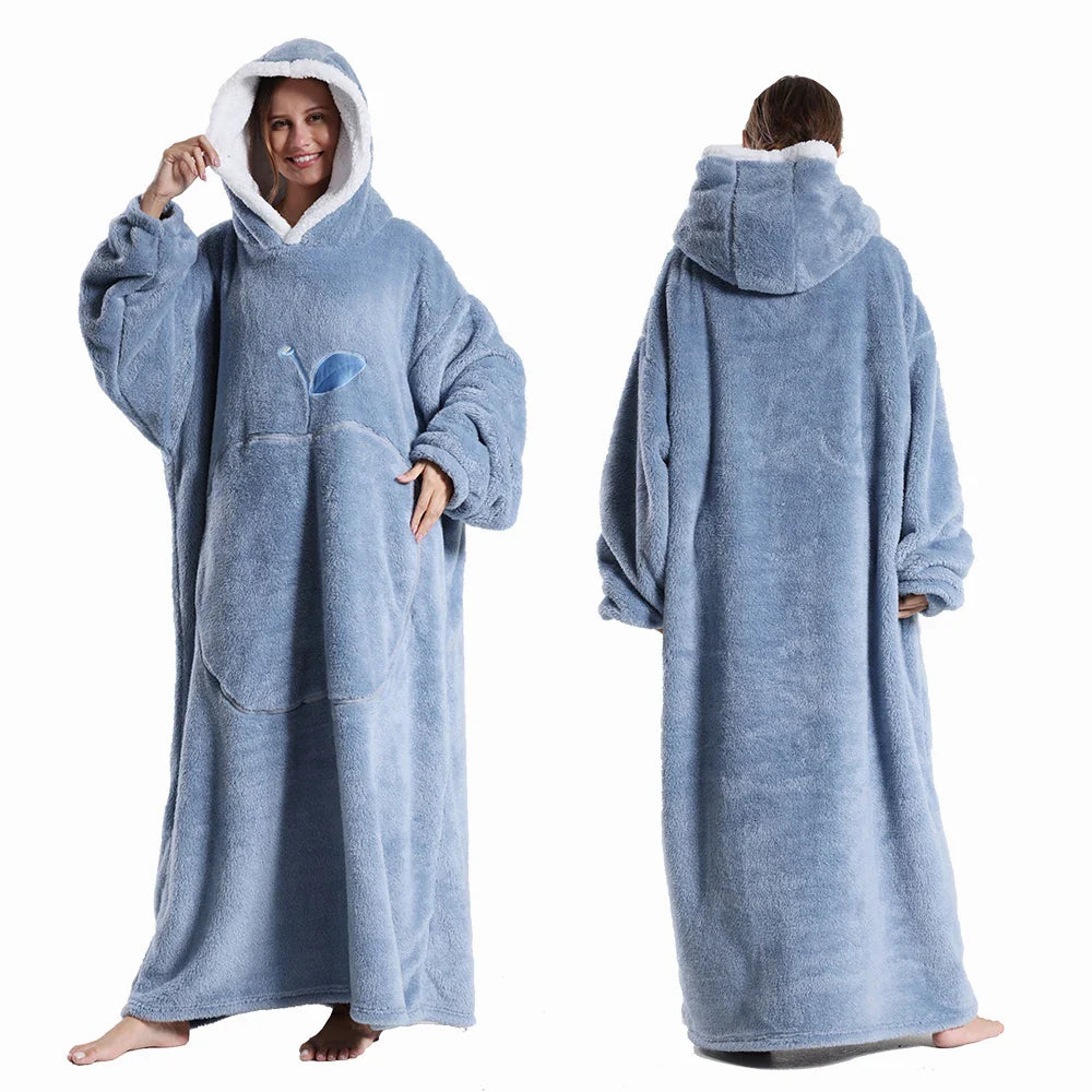 Extra Long Wearable Blanket - Winter Flannel Hooded Blanket with Full Sleeves, Cozy Soft Throw for Men and Women
