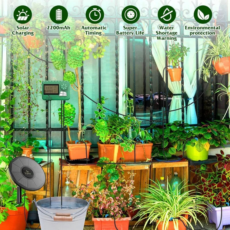 Solar Drip Irrigation Kit with Timer – 15M Hose Automatic Watering System for Greenhouse & Potted Plants
